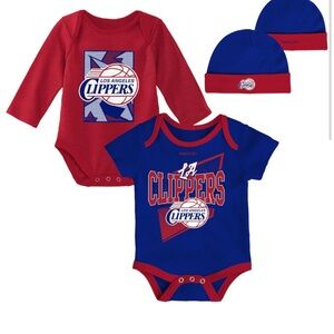 LA Clippers Mitchell & Ness 3-Piece Bodysuits Cuffed Knit Hat Set 6/9 Months NWT